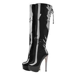 MissHeel Plateau Stiefel mit Pfennigabsatz Langschaftstiefel Sexy Stiletto Boots Schwarz Lack EU 46 von MissHeel