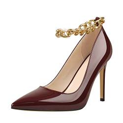MissHeel Pointed Toe Pumps High Heels with Ankle Strap Metalchain Artificial Patent Leather Wine Red EU 38 von MissHeel