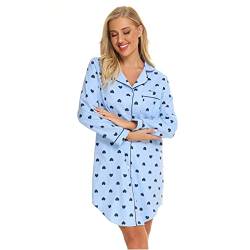 Misscoo Nachthemd Damen Langarm - Schlafhemd Button-Down Frauen Baumwoll Schlafhemd Langarm Nachthemd Flanell Nachthemd Herzform Blau M von Misscoo