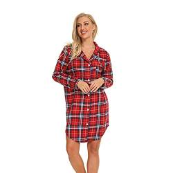 Misscoo Nachthemd Damen Langarm - Schlafhemd Button-Down Frauen Baumwoll Schlafhemd Langarm Nachthemd Flanell Nachthemd Plaid Rot M von Misscoo