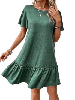 Missdong Damen Kurzarm Mini Kleid Locker Kleider Strandkleid Einfarbig Casual Elegant Rundhals Rüschensaum Sommer Grün von Missdong