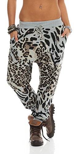 Mississhop 129 Damen Hose Sweatpants Jogginghose Baumwolle Freizeithose Leo Print Tierprint Haremshose mit Gummibund Reißverschluss Hellgrau von Mississhop