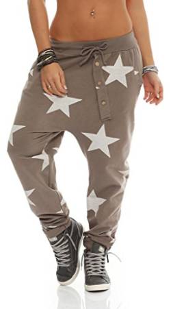 Mississhop 132 Damen Hose Sweatpants Jogginghose Baumwolle Freizeithose Boyfriend Baggy Haremshose Sternen Print mit Gummibund Khaki von Mississhop