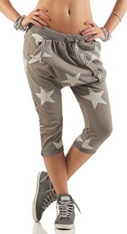 Mississhop 167 Damen Capri Hose Haremshose Ballonhose Pluderhose Pumphose Aladinhose Sommerhose Sternen Print Stern Muster Baggy Pants 3/4 Khaki von Mississhop