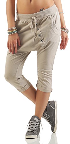 Mississhop 168 Damen Capri Hose Haremshose Ballonhose Pluderhose Pumphose Aladinhose Sommerhose Baggy Pants 3/4 mit Gummibund Beige von Mississhop