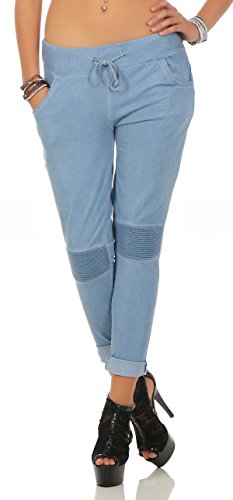 Mississhop 223 Damen Hose Freizeithose Stoffhose Boyfriend Sweatpants im Biker Look mit Bahnendesign am Knie Tunnelzug One Size S M L 36 38 40 Jeansblau von Mississhop