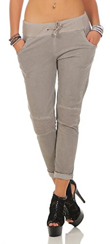 Mississhop 223 Damen Hose Freizeithose Stoffhose Boyfriend Sweatpants im Biker Look mit Bahnendesign am Knie Tunnelzug One Size S M L 36 38 40 Taupe von Mississhop