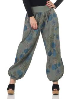 Mississhop 277 Damen leichte Blumenprint Hose Sommerhose Haremshose Ballonhose Blumen Pumphose Aladinhose Sommer Baggy Pants Oliv von Mississhop