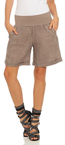 Mississhop 280 Damen Leinenshorts Bermuda lockere Kurze Hose Freizeithose 100% Leinen Shorts Elegante Haremshose mit Knöpfen Sommer Strand Fango S von Mississhop