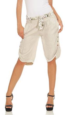 Mississhop 281 Damen Capri 100% Leinen Bermuda lockere Kurze Hose Freizeithose Shorts mit Gürtel und Knöpfen Beige XL von Mississhop
