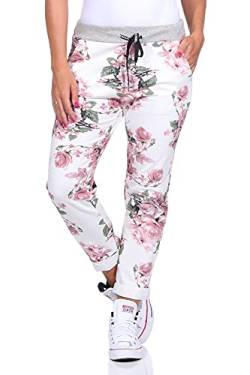 Mississhop 287 Damen Hose Cargohose Blumen Sweatpants Jogginghose Baumwolle Freizeithose Boyfriend Weiß mit Rosen Modell 19 von Mississhop