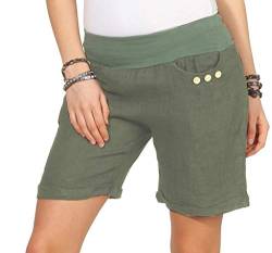 Mississhop 293 Damen Leinenshorts Bermuda lockere Kurze Hose Freizeithose 100% Leinen Shorts mit DREI Knöpfen Sommer Strand Oliv 2XL von Mississhop