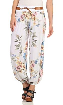 Mississhop 324 Damen Hose Haremshose Ballonhose Pluderhose Pumphose Aladinhose Sommerhose Blumen Print floral Baggy Pants Weiß von Mississhop