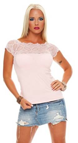 Mississhop 71 Damen Spitzenshirt Spitze Spitzen T-Shirt Bluse Shirt Langarmshirt Kurzarmshirt Rosa/Kurzarm von Mississhop