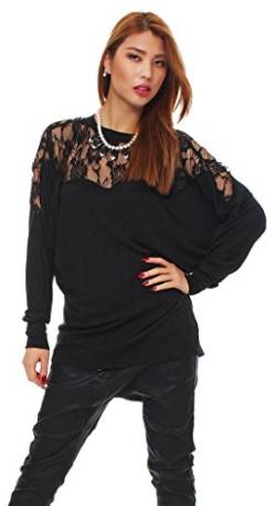 Mississhop 90-09 Damen Longshirt Tunika Bluse Pulli Tunika mit Spitze Schwarz M von Mississhop