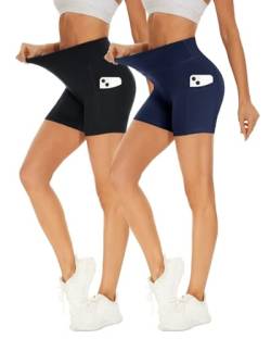 Missluck 2er Pack Radlerhose Damen Hohe Taille Kurze Sporthose Damen Blickdicht Shorts Sommer für Yoga, L-XL, Schwarz/Marineblau-mit Taschen von Missluck