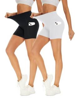Missluck 2er Pack Radlerhose Damen Hohe Taille Kurze Sporthose Damen Blickdicht Shorts Sommer für Yoga, L-XL, Schwarz/Weiß-mit Taschen von Missluck