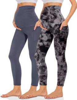 Missluck Umstandsleggings Blickdicht Damen Schwangerschaft Leggings Lang Mammy mit Taschen für Yoga(Dunkelgrau/Bedruckter Tie-Dye,XL) von Missluck