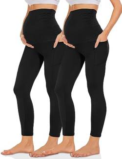 Missluck Umstandsleggings Blickdicht Damen Schwangerschaft Leggings Lang Mammy mit Taschen für Yoga(Schwarz*2,L) von Missluck