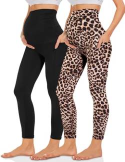 Missluck Umstandsleggings Blickdicht Damen Schwangerschaft Leggings Lang Mammy mit Taschen für Yoga(Schwarz/Leopard,L) von Missluck