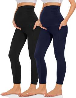 Missluck Umstandsleggings Blickdicht Damen Schwangerschaft Leggings Lang Mammy mit Taschen für Yoga(Schwarz/Marineblau,L) von Missluck