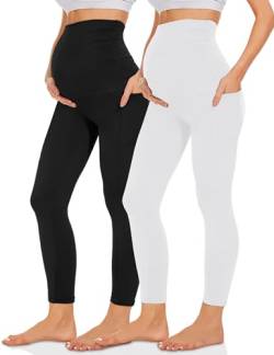 Missluck Umstandsleggings Blickdicht Damen Schwangerschaft Leggings Lang Mammy mit Taschen für Yoga(Schwarz/Weiß,L) von Missluck