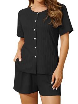 Missufe 2 Teiler Shorts Pyjama Set Damen Top Schlafanzug Kurze Hose Sommer Nachtwäsche Zweiteiliger Lockeres Hausanzug (schwarz, groß) von Missufe