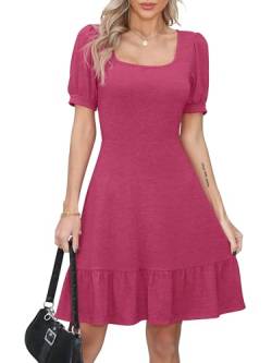 Missufe A Linien Kurzarm Swing Freizeitkleider Damen Sommerkleid Skaterkleid Puffärmel Rüschenkleid (Heißes Rosa, X-Large) von Missufe