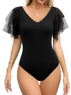 Missufe Body Elegant Kurzarm Sommer Top Damen V Ausschnitt Oberteil T Shirt (Schwarz, Mittel) von Missufe