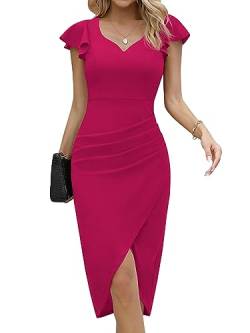 Missufe Cocktailkleid Wickelkleid Elegant Bodycon Midikleid Damen Partykleid Sommerkleid Vintage Rüschenkleid Kleider (Heißes Rosa, X-klein) von Missufe