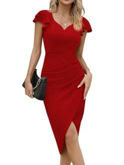 Missufe Cocktailkleid Wickelkleid Elegant Bodycon Midikleid Damen Partykleid Sommerkleid Vintage Rüschenkleid Kleider (Rot, XX-groß) von Missufe