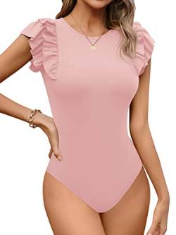 Missufe Damen Body Bodysuit Elegant Top Damen Body Rundhals Rüschen Kurzarm (Rosa, Klien) von Missufe