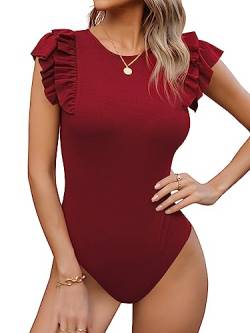 Missufe Damen Body Bodysuit Elegant Top Damen Body Rundhals Rüschen Kurzarm (Rot, XX-groß) von Missufe