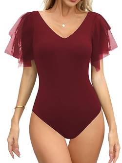 Missufe Elegant Body Kurzarm Mesh Oberteil Damen V Ausschnitt Sommer T Shirt Top (Burgunderrot, S) von Missufe