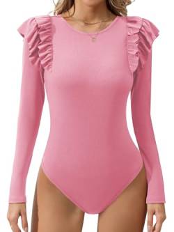 Missufe Elegant Body Rüschen Langarm Stricktop Damen Rundhals Oberteil (Rosa, Groß) von Missufe