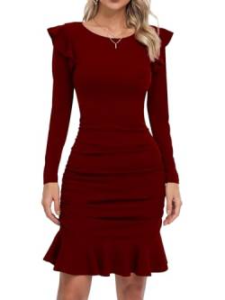 Missufe Elegant Bodycon Partykleid Cocktailkleid Minikleider Damen Kurz Enges Langarm Rüschenkleid (Weinrot, Mittel) von Missufe