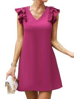 Missufe Elegant Minikleid Kurzes Sommer Kleid Damen A Linien V Ausschnitt Rüschenkleid (Rosarot, Mittel) von Missufe