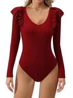 Missufe Elegant Oberteil Rüschen Body Top Damen Langarm V-ausschnitt Ribbed Bodysuit (Rot, X-groß) von Missufe