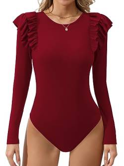 Missufe Elegant Rüschen Body Rundhals Stricktop Damen Langarm Oberteil (rot, X-Large) von Missufe