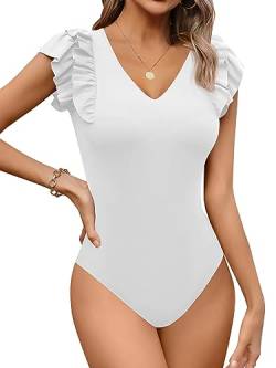 Missufe Elegant Rüschen V Ausschnitt Body Damen Kurzarm Sommer Oberteil Top (Weiß, Groß) von Missufe