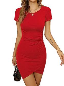 Missufe Kurz Enges Rundhals Wickelkleid Kurzarm Damen Bodycon Kleid Sommerkleid Mini Freizeitkleid T Shirt Kleid (Rot, Mittel) von Missufe