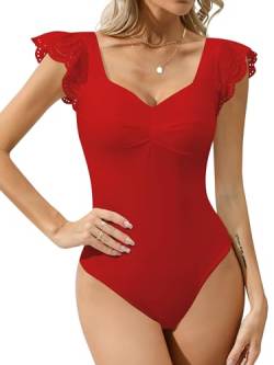 Missufe Kurzarm Sommer Body Elegant Tops Damen Quadratischer Hals Oberteile (Rot, X-Large) von Missufe