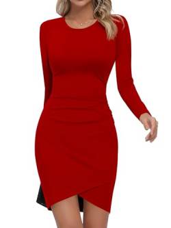 Missufe Kurzes Bodycon T Shirt Kleider Damen Minikleid Elegant Basic Enges Langarm Freizeitkleid (Rot, Mittel) von Missufe