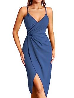 Missufe Midikleid Cocktailkleid Wickelkleid Sommerkleid Partykleid Damen Festliche Elegant Bodycon Hochzeit Abendkleider Ärmellos Spaghettiträger Kleider (Dunstblau, X-klein) von Missufe