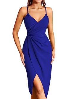 Missufe Midikleid Cocktailkleid Wickelkleid Sommerkleid Partykleid Damen Festliche Elegant Bodycon Hochzeit Abendkleider Ärmellos Spaghettiträger Kleider (Königsblau, X-groß) von Missufe