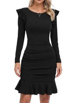 Missufe Partykleid Cocktailkleid Bodycon Kurz Rüschenkleid Damen Elegant Enges Mini Langarm Kleider (Schwarz, S) von Missufe