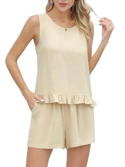 Missufe Pyjama Leinen Tanktop Sommer Nachtwäsche Damen 2 Teiler Set Ärmelloses und Shorts Schlafanzug Kurze Hose Zweiteiliger lockeres Hausanzug (Aprikose, groß) von Missufe