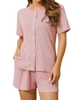 Missufe Pyjama Set Kurze Hose Schlafanzug Damen 2 Teiler Top und Shorts Sommer Nachtwäsche Zweiteiliger Lockeres Hausanzug (Rosa, Medium) von Missufe