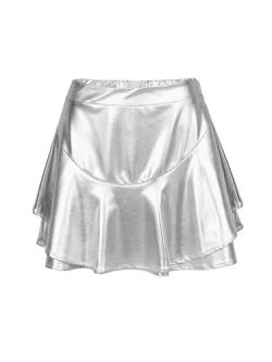 Missufe Röcke Minirock Metallic Skater Sommerrock Damen Skirt Rüschenrock (Silber, Mittel) von Missufe