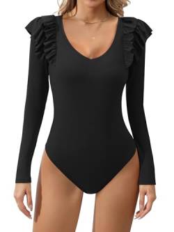 Missufe Rüschen Langarm V-ausschnitt Ribbed Bodysuit Damen Elegant Oberteil Body Top (schwarz, groß) von Missufe